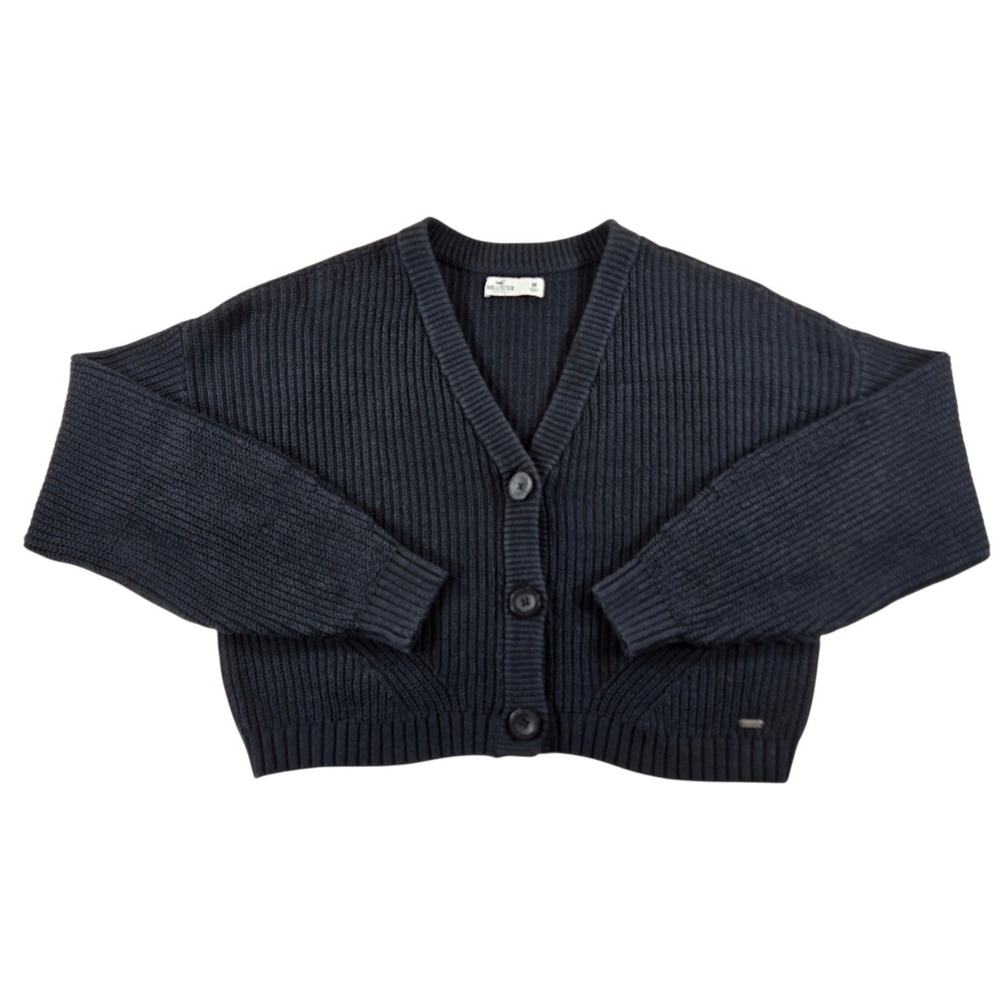 Hollister Womens Medium Black Ribbed Knit Cropped Button Front Cardigan Sweater